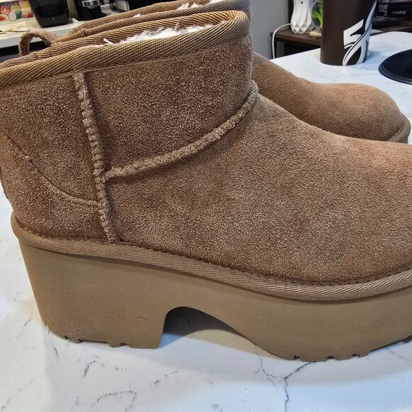 UGG Classic Ultra Mini New Heights Chestnut Suede Boot 1158311 Women's Size 7 - Picture 1 of 9